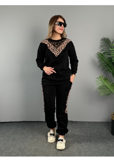 Modaserdem Kadın Üç Iplik Kumaş Leopar Desenli Dantel Detaylı Ikili Takım Siyah