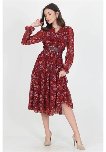 Neşeli Butik Kadın Kemerli Yakası Bağlama Detaylı Desenli Şifon Elbise Rssn02 Bordo