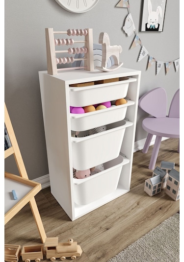 %100 Mdf - Small Mono 4 Sepetli Oyuncak Dolabı Beyaz