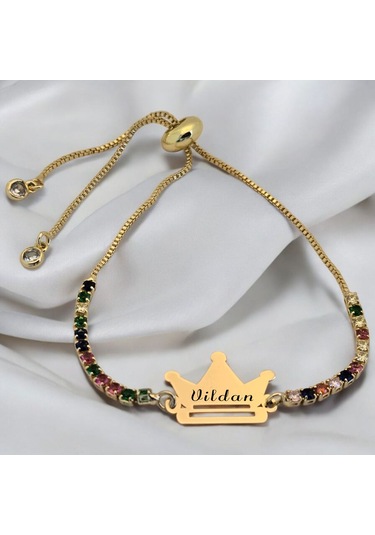 Vildan İsmine Özel Renkli Taş Desenli Taç Motifli 14 Ayar Altın Plakalı Hediye Bileklik-489isim Vildan