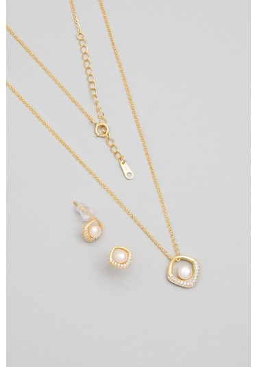 So Chic İnci Zarafeti 18 Ayar Sarı Altın Kaplama Gümüş Seti Sarı