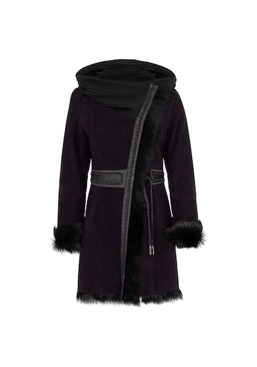 Mürdüm Seline Triko Kapüonlu Hakiki Deri Kürk Kaban-mürdüm Mürdüm