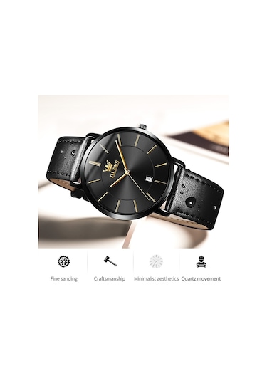 Olevs 5869 Erkekler İş Su Geçirmez Hakiki Deri Kayış Kuvars Saat Siyah