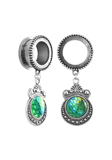 Homyl Kulak Tıkaçları Tünel Yeşil Balık Pulu Dangle 18-mm Gümüş