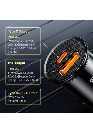 Baseusbaseus 30w Usb Araç Şarj Cihazı Xiaomi İphone Uyumlu 12/13/14 Pro Hızlı Şarj Pd 4.0 3.0 Fcp Scp Ildistribütör Garantili