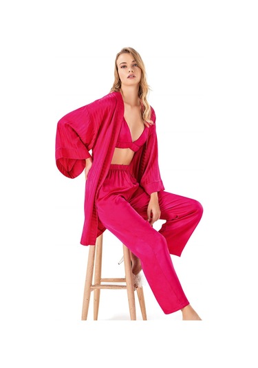 Kadın Yazlık Saten Çizgili Braletli Sabahlıklı Üçlü Set Flz 31-65 Fuşya