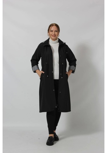 Uzun Astar Detaylı Bondit Trençkot Siyah Siyah