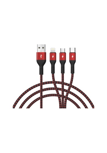 Suofeng 120cm Nylon Dokuma 3-ü-1 Usb Kablosu: Lightning+micro-usb+type-c, 2a Tek Şarj, 3a Toplam Akım, Bakır Konnektörü Siyah Kafa+kırmızı Kablolu