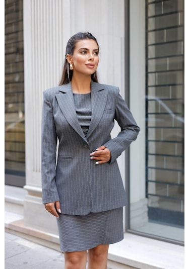 Çizgili Poliviskon Elbise-ceket Takım Gri Gri