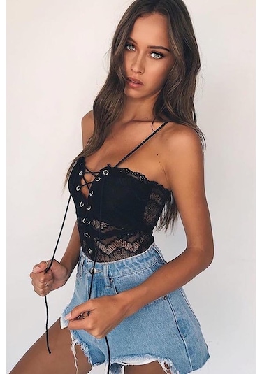 Merry See Dantel İşlemeli Siyah Body Siyah