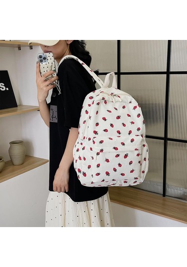 Geeksen Kuruşak Çilek Desenli Geniş Kabinli Çok Cepli Seyahat Sirt Çantasi Pembe Açik, 43x31x14cm Bej