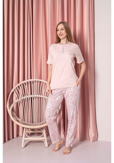 Ahengim Kadın Pijama Takımı Süprem Kısa Kollu Büyük Gül Desenli Pamuklu W3010 Pembe