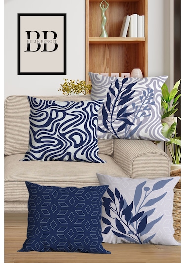 Belle Benoit Lacivert Beyaz Baskılı Runner & Koltuk Kırlent Kılıfı Lacivert - Beyaz