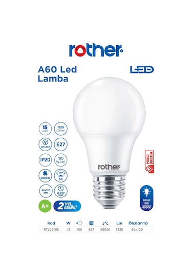 Rtl01105-5 Rother A60 Led Ampul 15w E27 1520 Lümen 6000k Beyaz Işık Enerji Tasarruflu Ampul 5 Adet