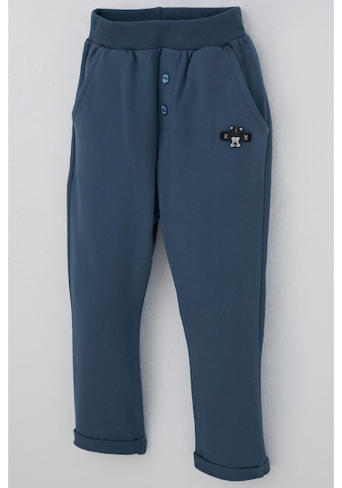 Breeze Erkek Bebek Eşofman Altı Ayıcık Armalı Düğme Aksesuarlı 9 Ay-3 Yaş, İndigo İndigo