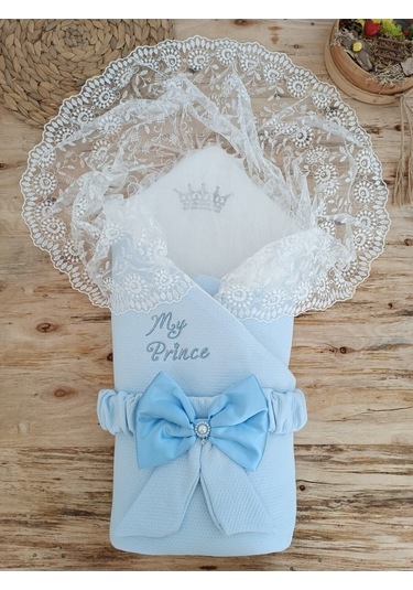 Ekru Erkek Bebek Battaniyesi Dantelli Mevlütlük Hastane Çıkışı Yenidoğan %100 Pamuklu Hediyelik Mavi