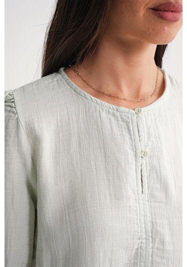 4713 Kadın Beli Büzgülü Kolu Lastikli Bol Müslin Bluz Adaçayı Adaçayı