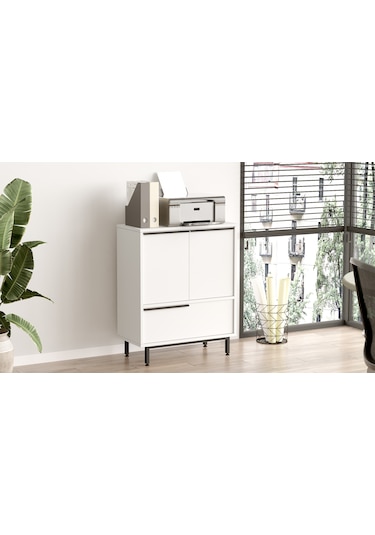 Robin Home Lidya Ofis Dolabı 3 Kapaklı Metal Ayaklı Beyaz
