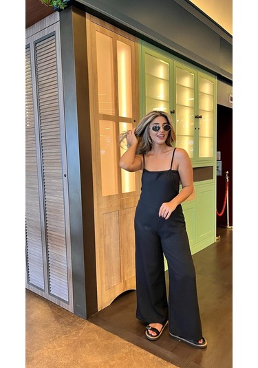 Soonaksesuar Kadın Askılı Yandan Fermuarlı Geniş Paçalı Valencia Tulum Siyah