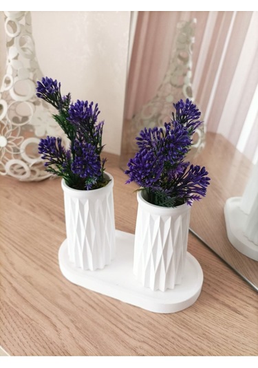 Mini Desenli İkili Beton Saksı Ve Oval Tabak - Yapay Çiçek Hediyeli - Mor Tomurcuk