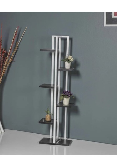 Çiçeklik 6 Bölmeli Raf Beyaz Metal Çerçeveli Sağlam Siyah Mermer