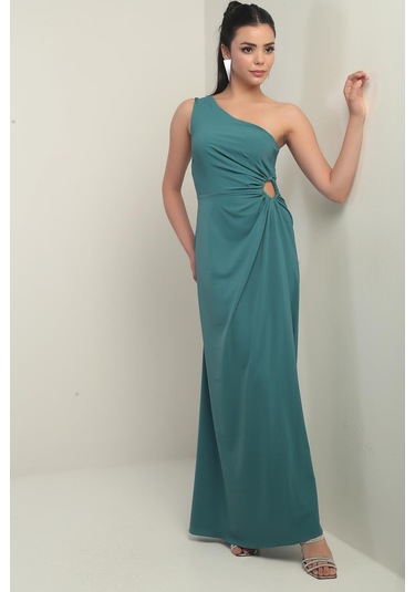Kadın Tek Omuz Yan Pencere Detaylı Uzun Krep Saten Elbise-40843 Koyu Yeşil