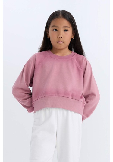 DeFacto Kız Çocuk Relax Fit Bisiklet Yaka Crop Basic Düz Sweatshirt D6994A824WNBR277 Bordo