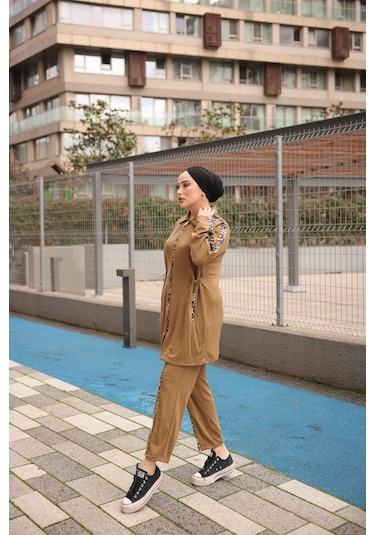 Tesettür Eşofman Takımı Fermuarlı Ikili - Tunik Pantolon Kahverengi 474 Kahverengi