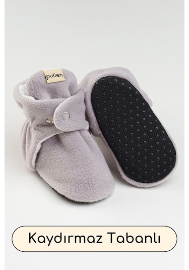 Organik Pamuk Astarlı, Bebek İlk Adım Ayakkabısı, Kaydırmaz Taban, Bebek Pandufu, Bej Patik Gri