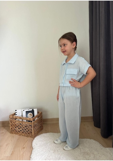 Müslin Kumaş Kız Çocuk Takım Mavi
