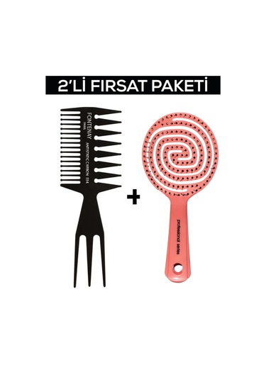 Fontenay Profesyonel Antistatik Karbon Tarak 034 + 3 Boyutlu Açma Tarama Tarak Saç Fırçası 2'li Set