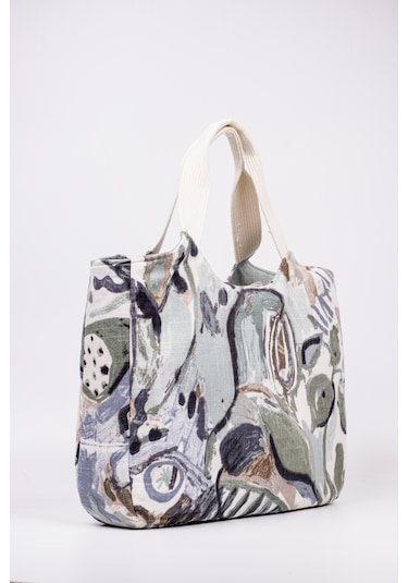 Fabric Craft Bag El Çanta Keten Desenli Yeşil Yeşil - Beyaz