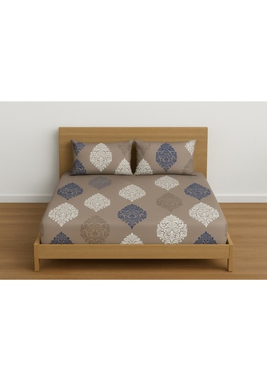 Çift Kişilik Desenli Lastikli Çarşaf Seti 160x200 Cm + 2 Adet Yastık Kılıfı 50x70 Bej