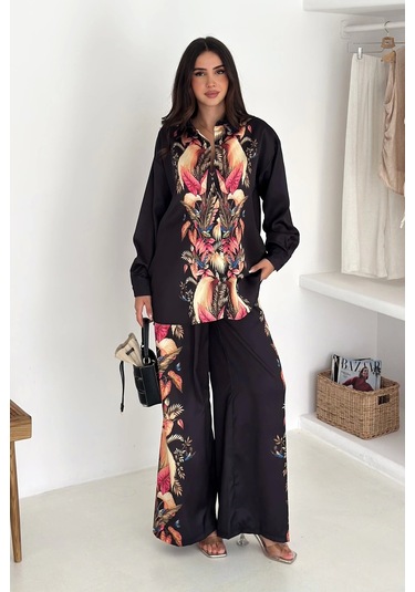 Saten Kumaş Desenli Takım Siyah Siyah