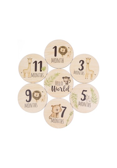 Safari Ahşap Bebek Anı Diskleri İngilizce Fotoğraf Çekim Kartları