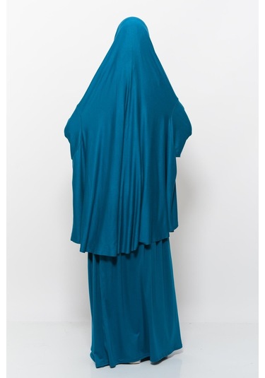 Pratik 2 Parça Pamuklu Yarasa Kollu Başörtülü Tesettür Namaz Elbisesi Açık Petrol Antrasit