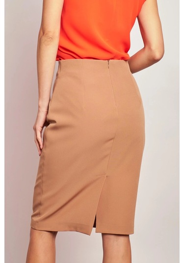 Astarlı Yüksek Bel Diz Altı Hafif Likralı Yırtmaçlı Kumaş Ofis Kalem Etek-camel CAMEL