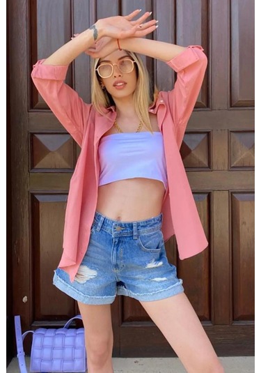 Madmext Mad Girls Pudra Oversize Gömlek Mg1369-pudra Pudra