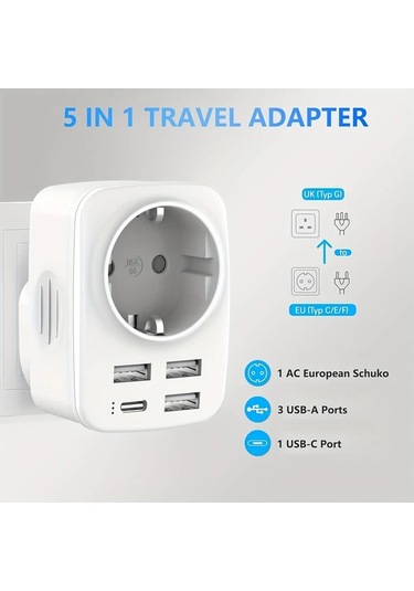 Motion003 365 İngiltere Almanya Seyahat Adaptörü 3 Usb 1 Usb C 34a Tip G Priz İngiltere İrlanda Dubai Maldivler Katar Malezya 1 Çıkışlı