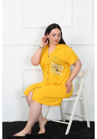 Akbeniz Büyük Beden Penye Düğmeli Sarı Tunik Gecelik 1025-sarı Sarı
