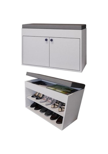 Merlin Mobilya Side 2 Katlı Puf Oturaklı Ayakkabılık Antrasit - Beyaz