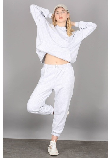 Mad Girls Gri Kapüşonlu Kadın Eşofman Takımı Mg1225 Gri