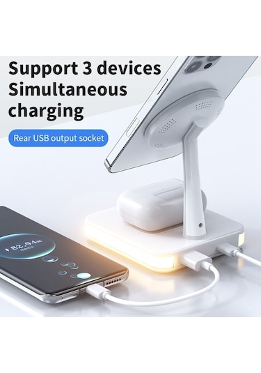 Butu Jjt-992İçin Usb Çıkışlı 3'ü 1 Arada Manyetik Kablosuz Şarj Cihazı Beyaz
