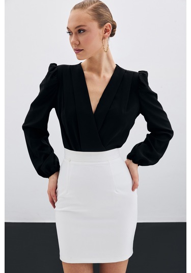 Sateen Kruvaze Vatkalı Bodysuit - Siyah