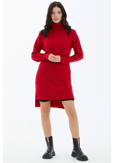 Tam Balıkçı Yaka Triko Tunik  - Kırmızı