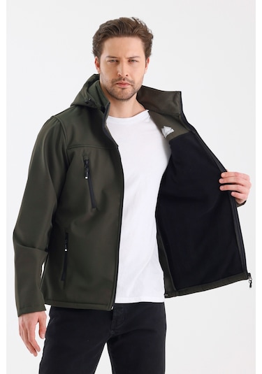 Çıkartılabilen Fermuarlı Kapüşon Cepli İçi Polarlı Su Geçirmez Softshell Erkek Mont Haki Haki