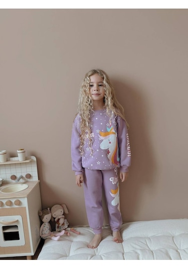 Kız Çocuk Unicorn Modelli 3 İplik Takım Lila