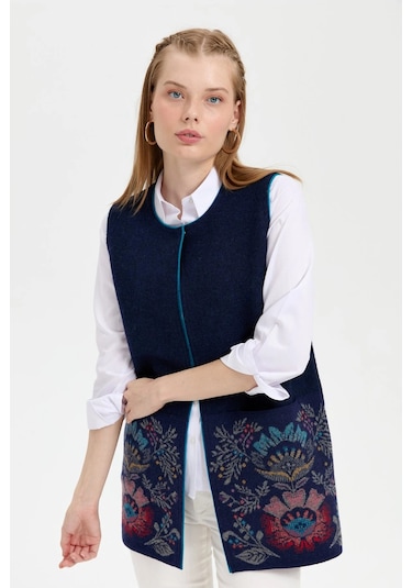 Desen Triko Kadın Triko Önü Açık Araboy Yün Yelek 24076 Y.a. Lacivert Y.a. Lacivert