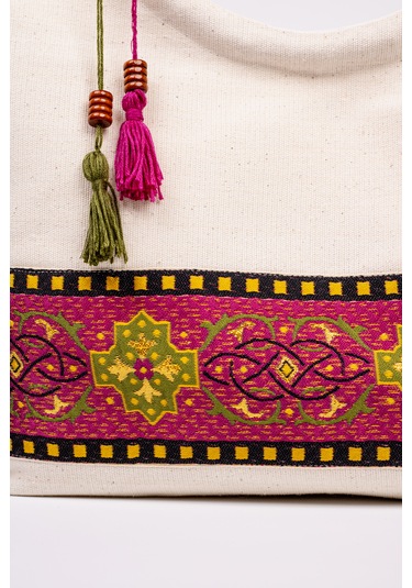 Fabric Craft Bag El Çantası Kanvas Etnik Dokuma Bordürlü Beyaz