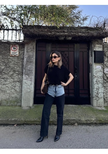 Tarzyeri Kadın Jeans Kot Parçalı Palazzo Pantolon - Siyah Beyaz